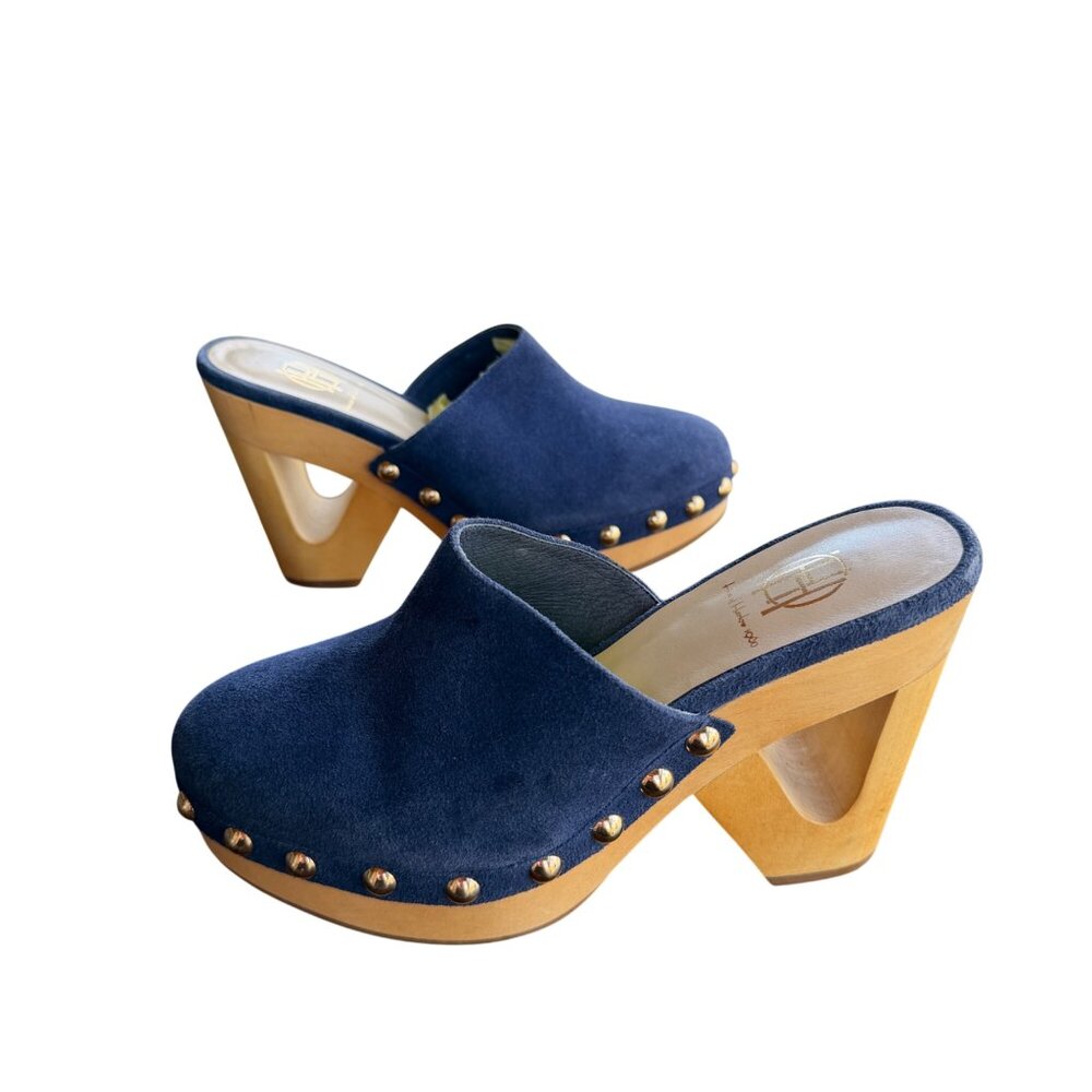 House Of Harlow 1960 x REVOLVE Cut Out Blue Suede Clogs With Wooden Heels & Gold - Picture 3 of 8